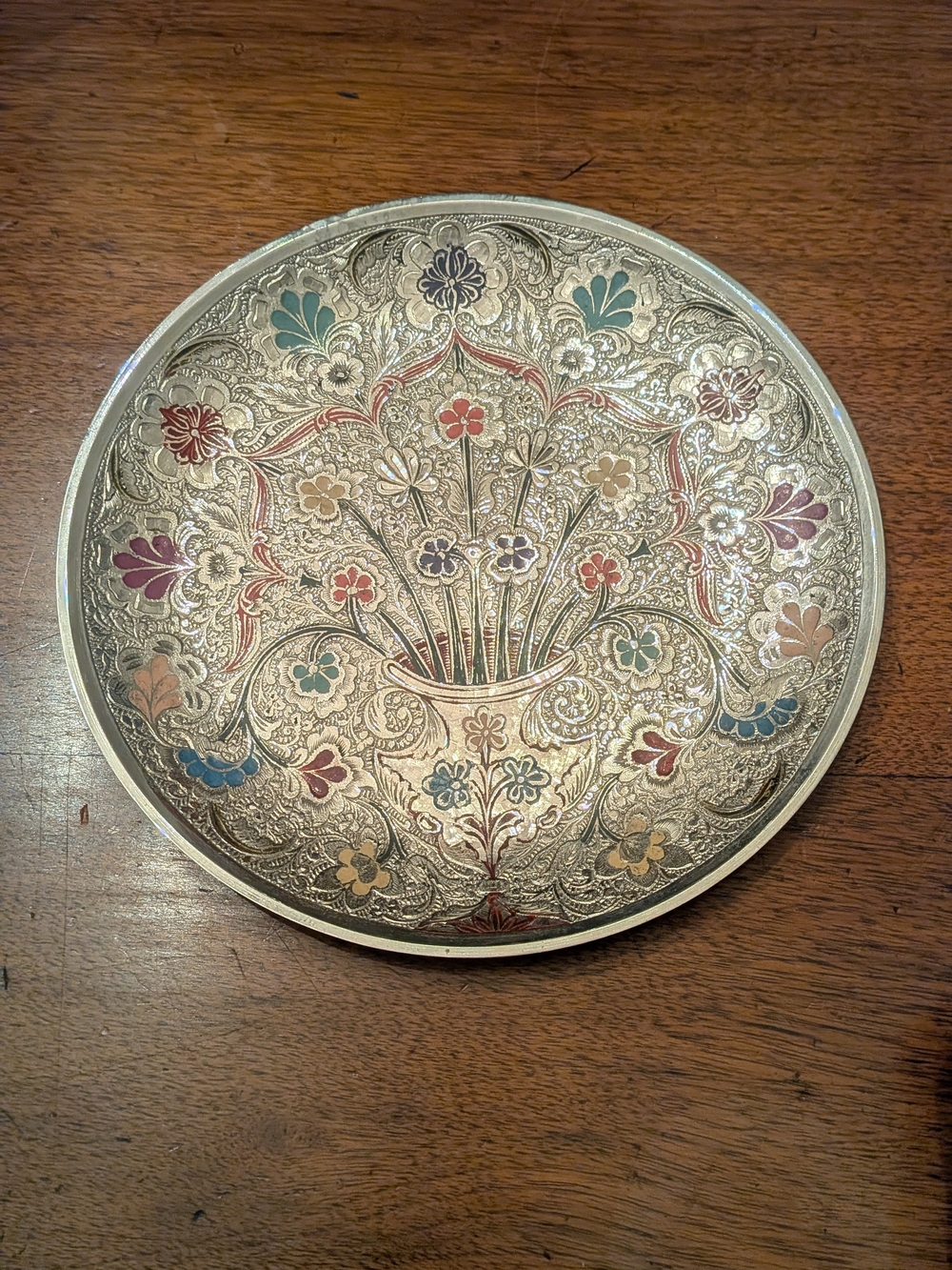 Vintage Silver Metal Dish – Engraved Enamel Flower Vase, Wall Decor